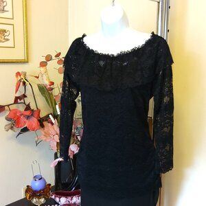 NWT Simon Chang Women’s Black Lace Ruffle Scoop Neck Blouse Top 3/4 Sleeve